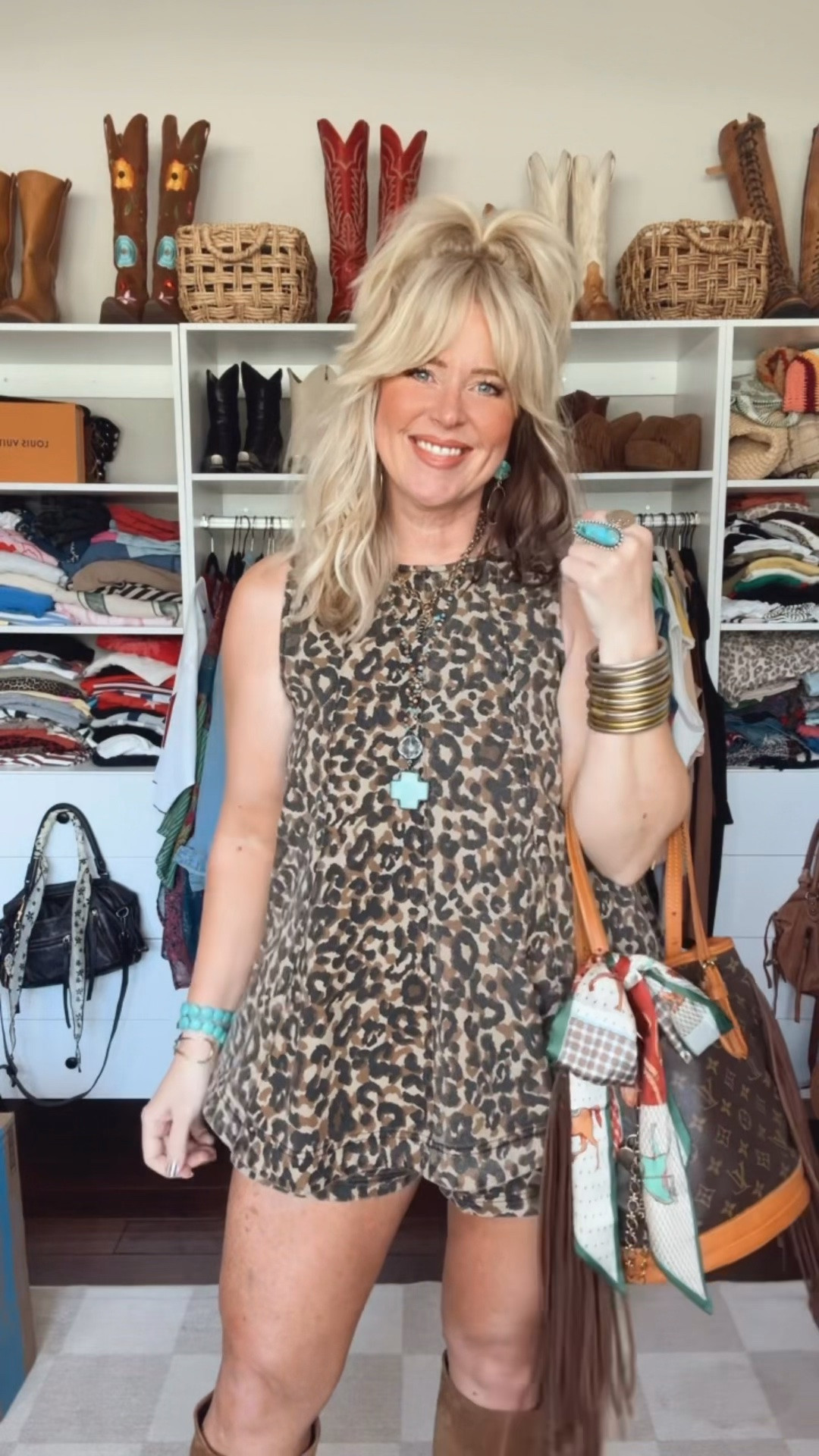 This is the cutest leopard print set! It’s perfect now and transitioning into fall! You can totally take this adorable top and wear with jeans. Wear a lace mesh top underneath it too. I’m wearing a medium in top and I sized up in shorts and love the loose fit plus wanted the little extra length. @Three Bird Nest 
Save the my code MANDIE20MAULDIN at three bird nest. 
✨My jewelry is three bird nest too 
👜My bag is @vintagebohobags (can’t link here)

#LTKOver40 #LTKselfcare