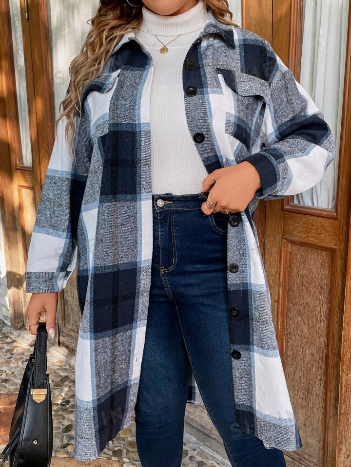 SHEIN LUNE Plus Plaid Print Drop Shoulder Coat | SHEIN