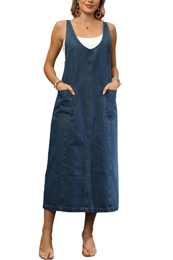 yoeasy Women's V Neck Sleeveless Denim Overall Dress Adjustable Strap Vintage Back Slit Midi Jean... | Amazon (US)