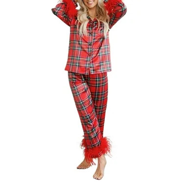Mommy and Me Christmas Pajama Sets Feather Trim 2 Piece Sleepwear Pjs Lounge Nightwear for Women ... | Walmart (US)