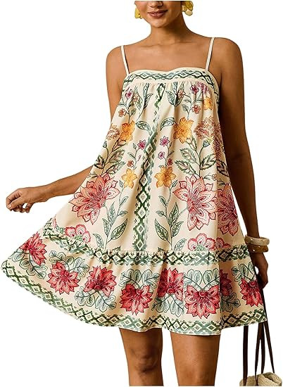 Floerns Women's Plus Size Boho Floral Print Cami Dress Backless Sleeveless Ruffle Mini Dresses | Amazon (US)