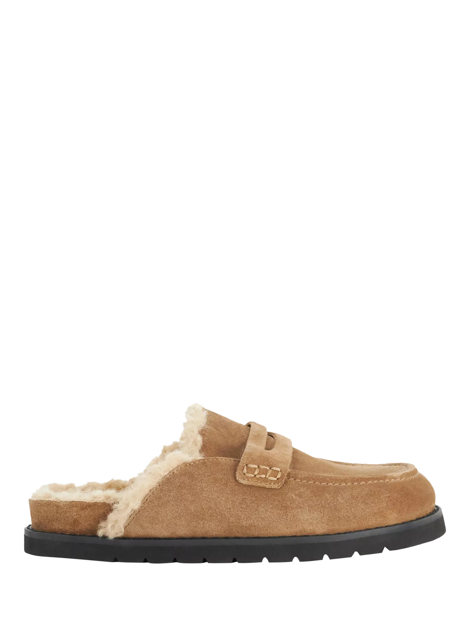 Dune London Goldy Suede Backless Faux Shearling Loafers, Honey | John Lewis (UK)