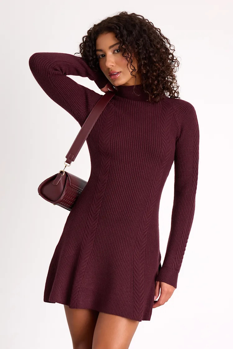 Selene Burgundy Ribbed Mock Neck Sweater Mini Dress | Lulus