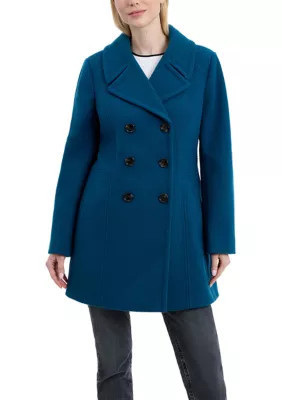 Anne Klein Women's Double Breasted Melton Peacoat, Teal, Large | Belk
