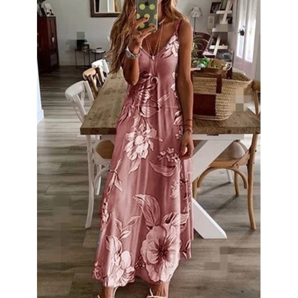 Women Vintage Floral Sundress Flower Print Sleeveless Beach Dress - Walmart.com | Walmart (US)
