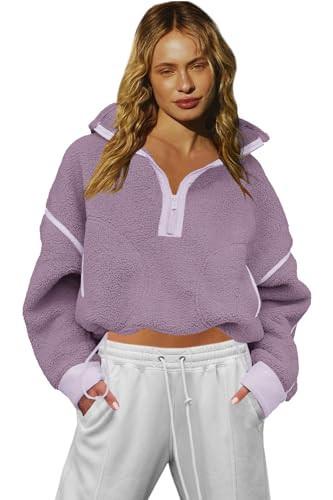 LAMISSCHE Half Zip Sweatshirt Women Oversized Sherpa Jacket V Neck Fleece Pullover Hoodie with Pockets(Light Purple,XL) | Amazon (US)