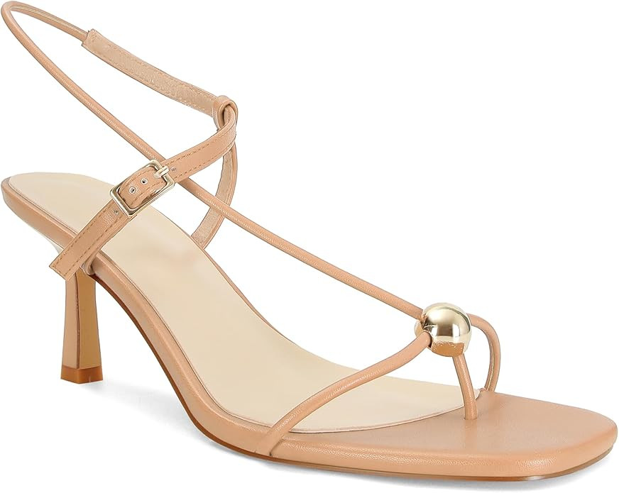 Strappy Heels for Women Square Toe Slingback Mid-Heel Sandals Dressy Beach Thong Flip Flop Slides... | Amazon (US)