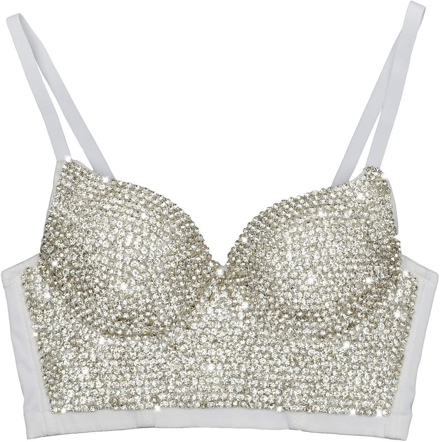 ELLACCI Women's Handmade Rhinestone Diamond Push up Bustier Crop Top Sexy Punk Corset Bra White | Amazon (US)