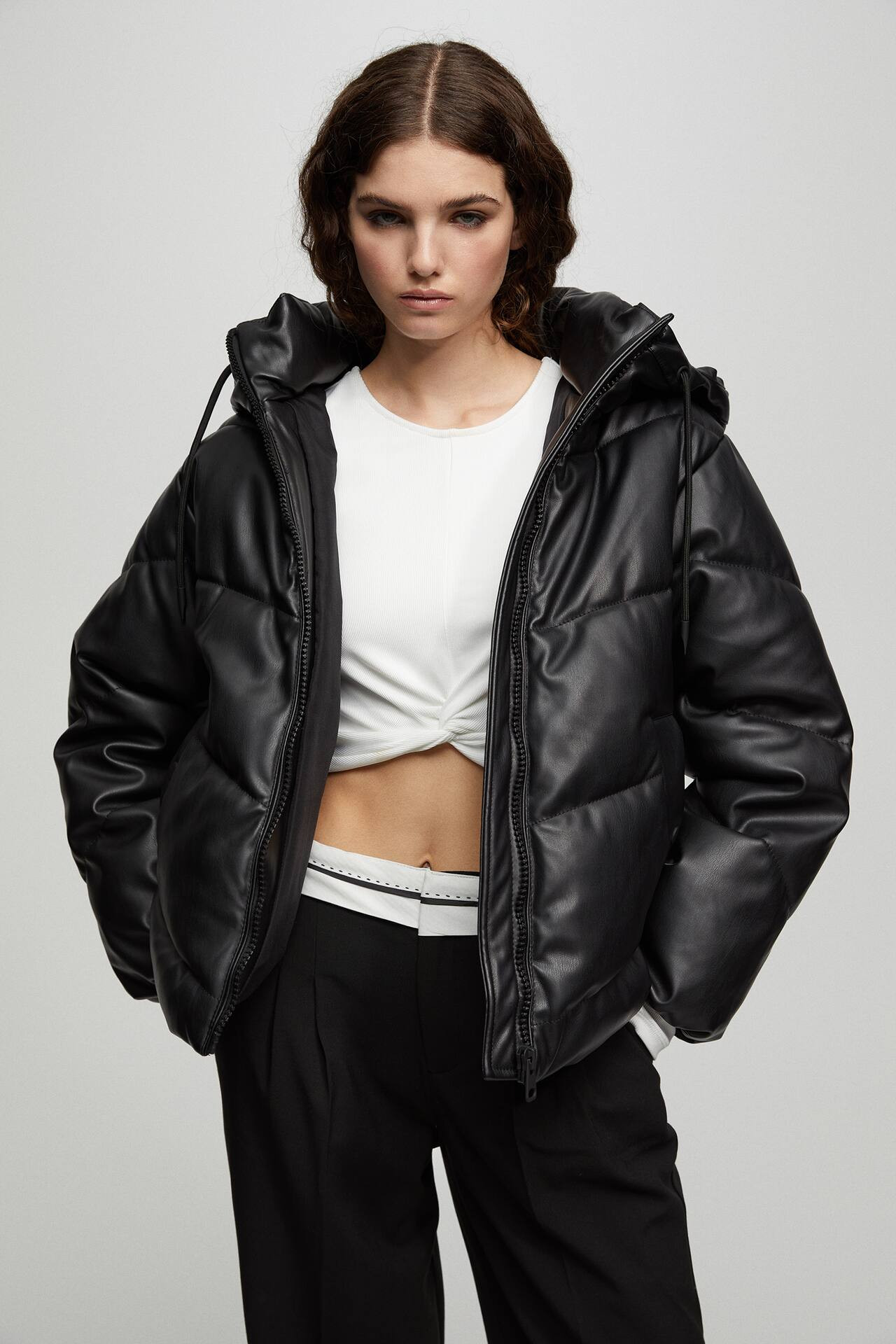 Faux leather puffer jacket with hood | PULL and BEAR UK