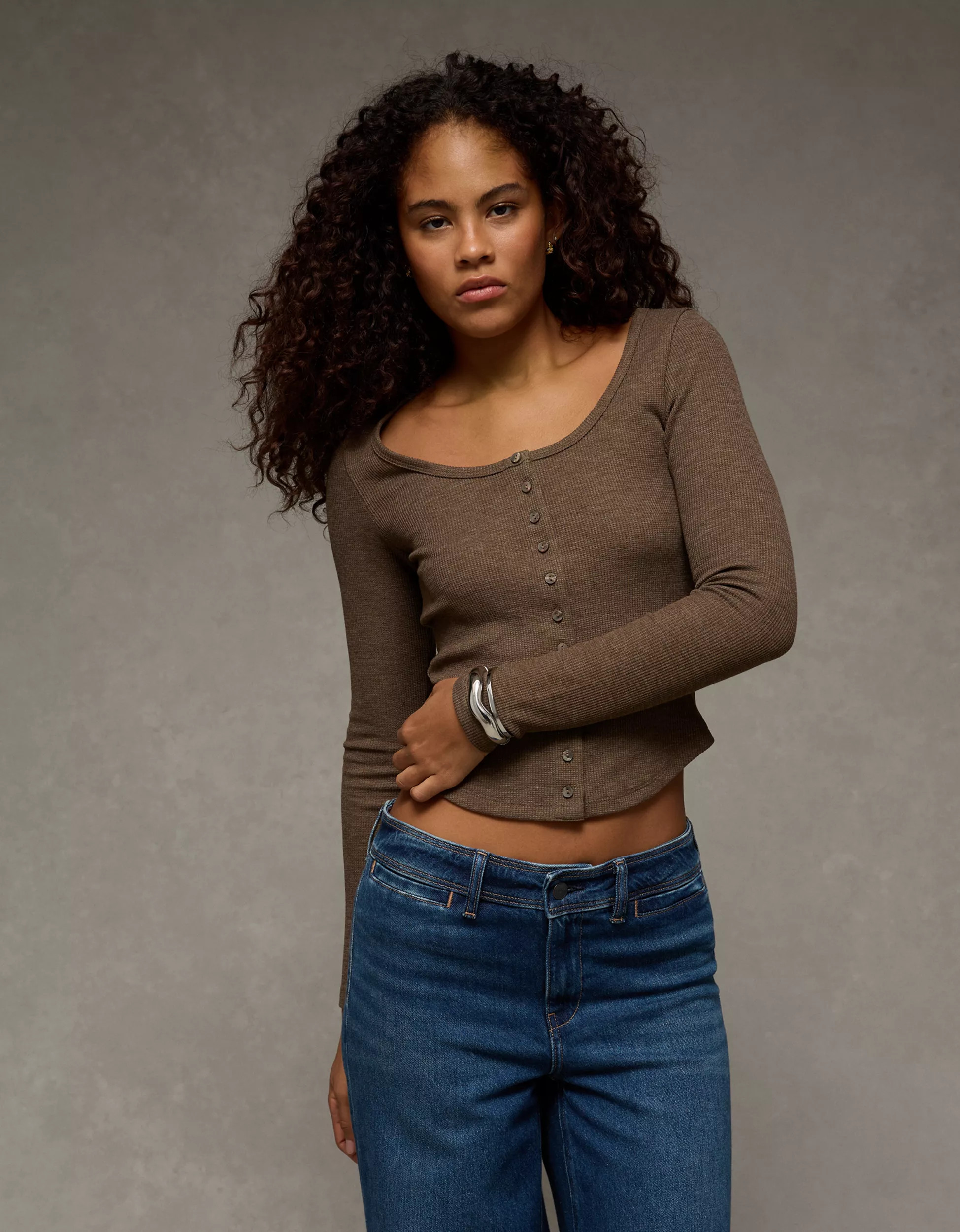 AE Waffle Long Sleeve Button-Up Tee | American Eagle Outfitters (US & CA)