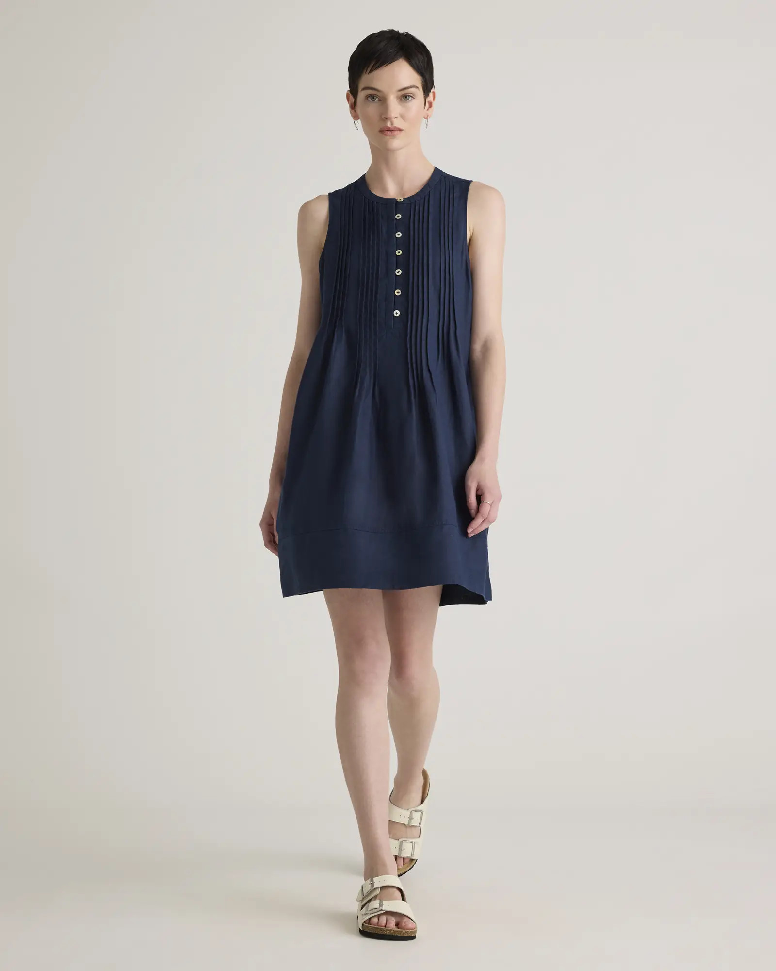 100% European Linen Sleeveless Swing Dress in Blue Pinstripe | Quince
