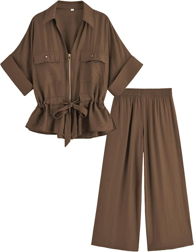 Womens 2 Piece Outfits Short Sleeve Zip Drawstring Waist Safari Shirts Wide Leg Pants Summer Set ... | Amazon (US)