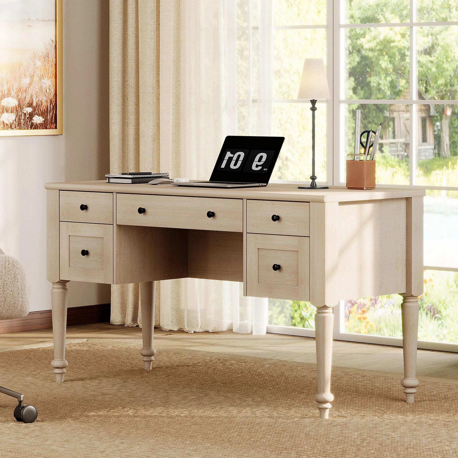 Scarlett Farmhouse 56'' Executive Desk With 5 Drawers, Home Office Desks With Charging Station, W... | Wayfair North America