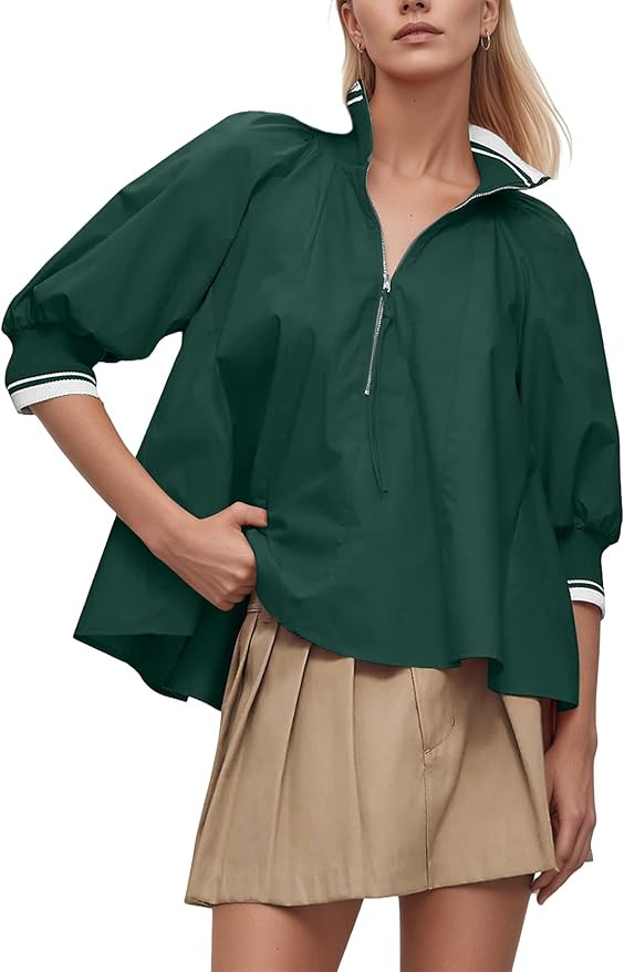 MISSACTIVER Puff Half Sleeve Blouses Women Contrast Zipper Collared V Neck T-Shirts Casual Loose ... | Amazon (US)