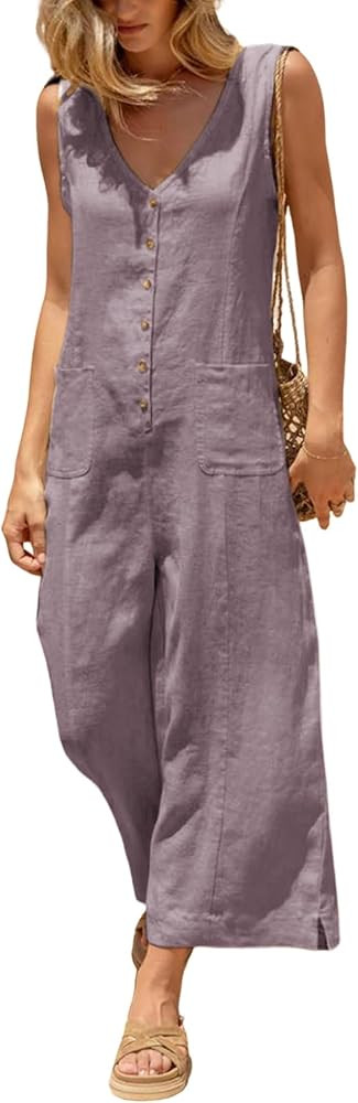 Yeokou Women Button Down Jumpsuits Cotton Linen Sleeveless Casual Wide Legs Rompers Loose Overall... | Amazon (US)