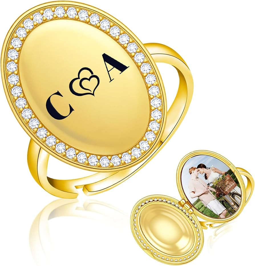 SUPHELPU Custom Oval Locket Ring with Picture Inside, Personalized Photo Rings for Women, Engrave... | Amazon (US)
