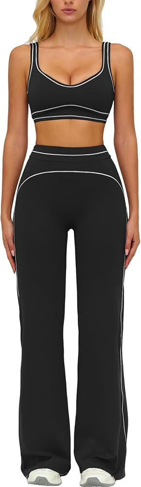 Womens Workout Set Two Piece U Back Color Block Sports Bra Matching High Waist Leggings Gym Work ... | Amazon (US)