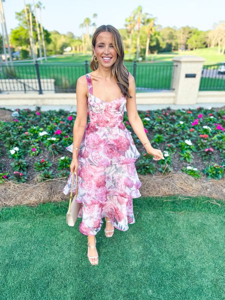 Spring wedding guest dress. Summer wedding guest dress (XS). Floral midi dress. Party dress. Date night dress. Wedding shower dress. Romantic dress. Bust runs snug - consider sizing up. YSL purse. Amazon gold heels are TTS. 

#LTKParties #LTKWedding #LTKItBag