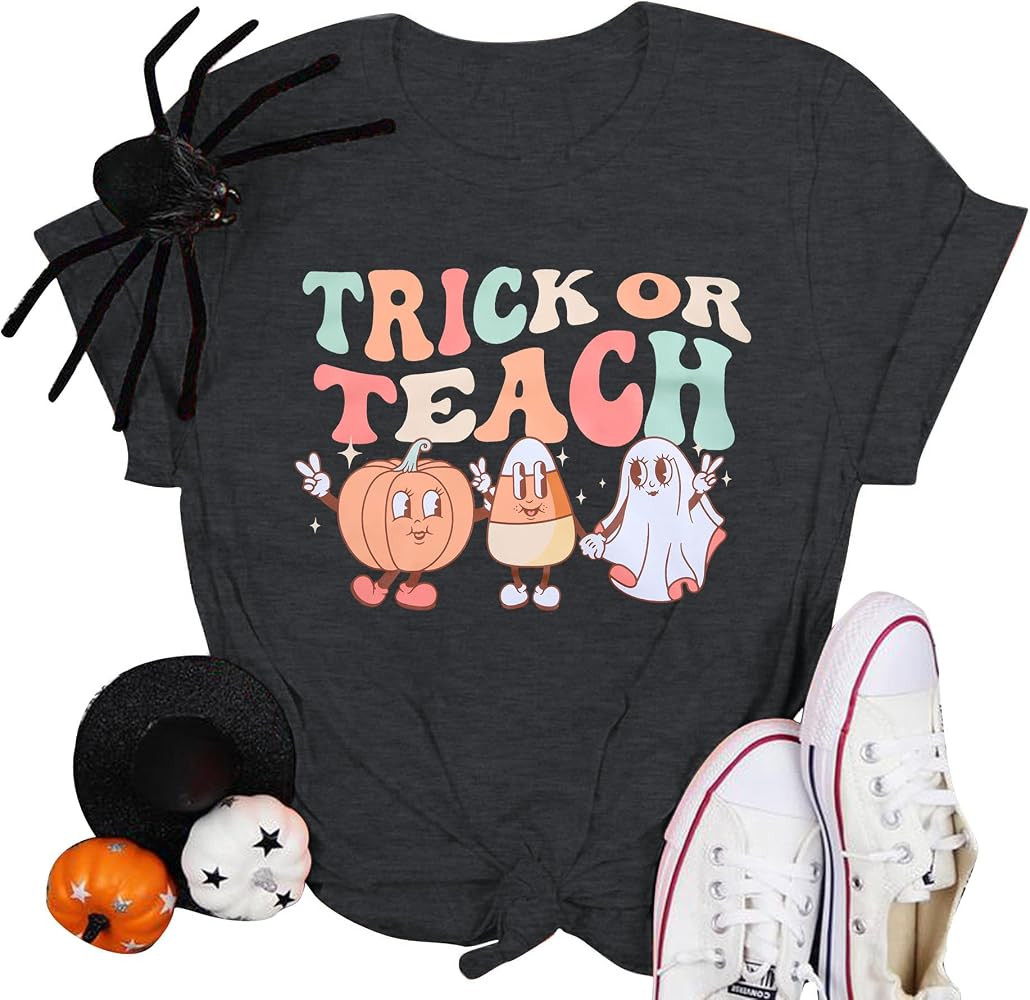 Halloween Teacher Shirts Trick or Teach T-Shirt Funny Ghost Graphic Short Sleeve Tee Tops Cute Pu... | Amazon (US)