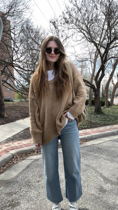 wearing a small in layering tee, one of my favorite staples 
jeans are tts, love these! 
sweater is old free people, linked a similar look for less an amazon 

Casual spring outfit, mom outfit 

#LTKVideo #LTKSeasonal