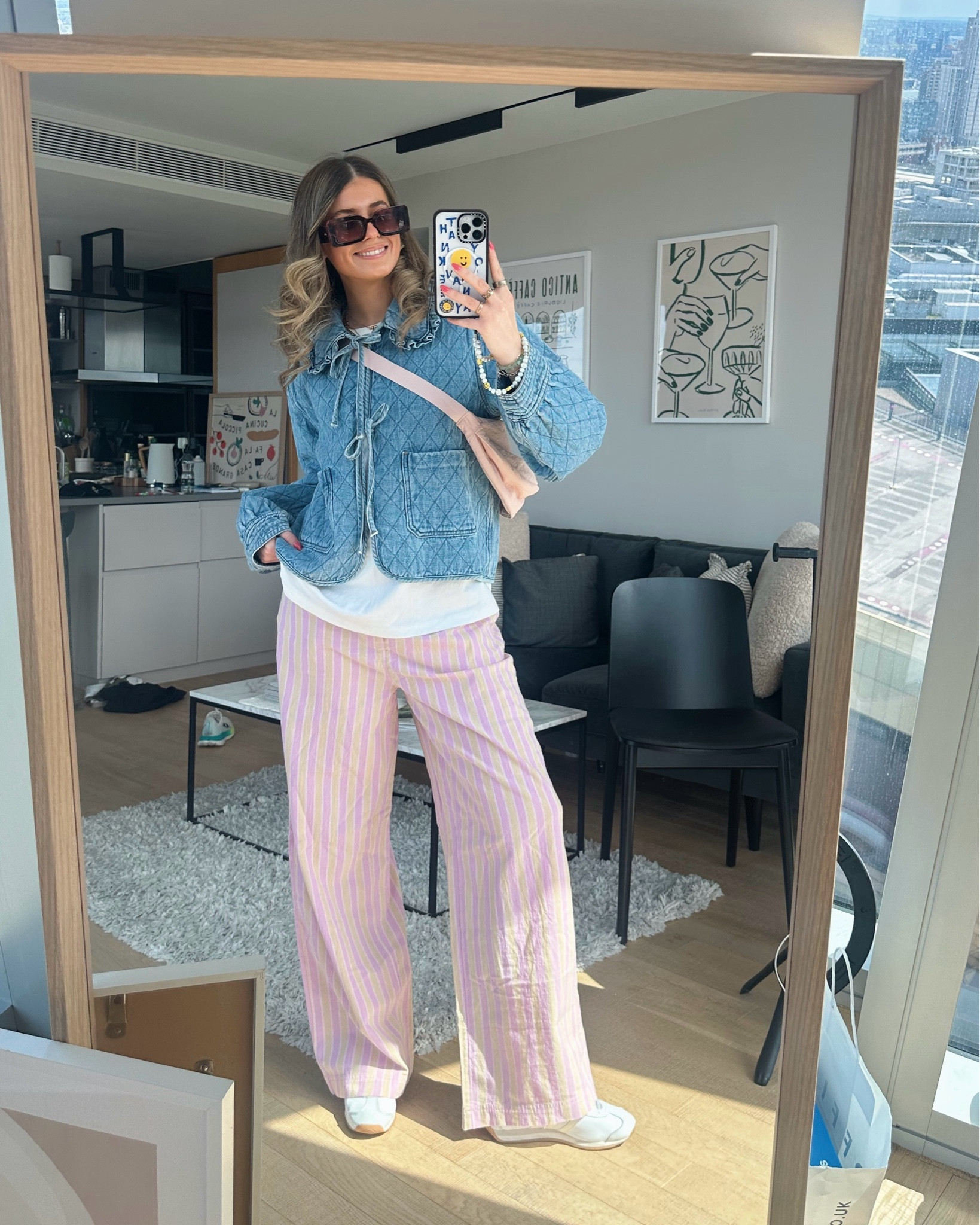 pink striped free people wide leg trouser, white tee Uniqlo basic tshirt, denim jacket Anthropologie, pink cross body bag, sunglasses tortoise shell, & other stories, white adidas country g trainers sneakers, spring summer outfit, ootd, spring capsule wardrobe

#LTKspring #LTKstyletip #LTKsummer