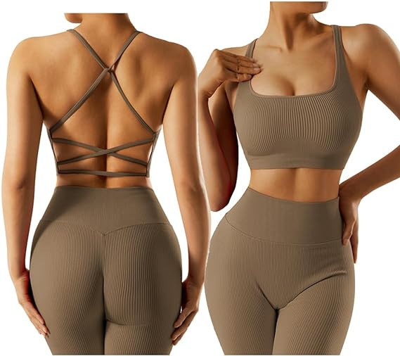 OMKAGI Women Ribbed Workout Sets Seamless Strappy Sport Bra Butt Lifting Leggings Outfits | Amazon (US)