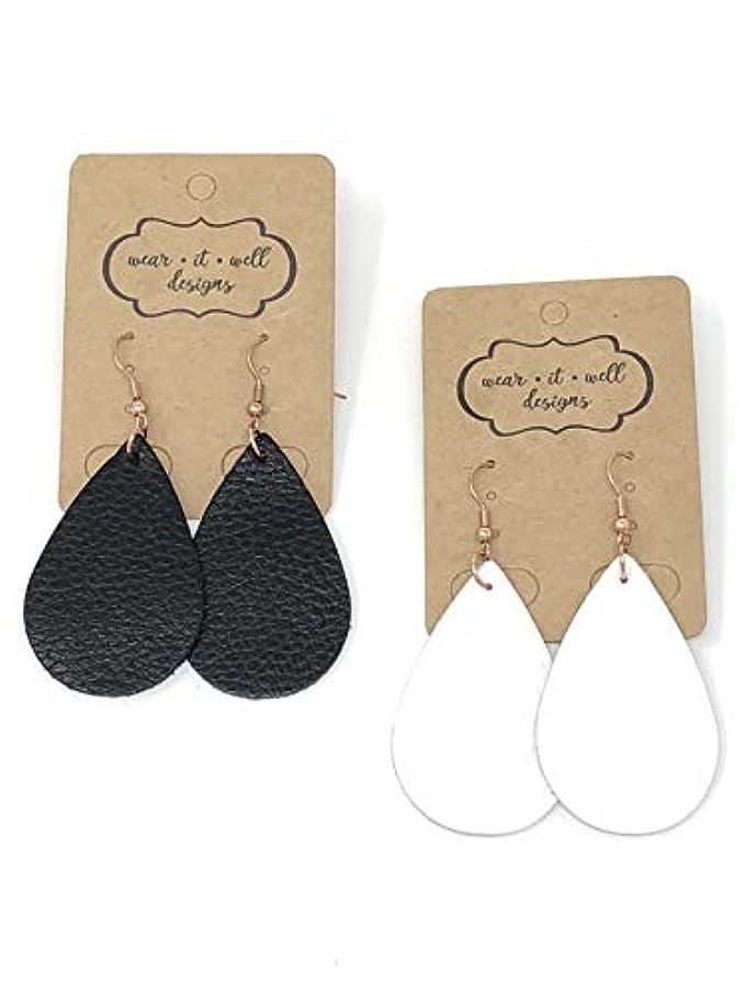 Leather Earrings/Two Pairs Leaf or Teardrop Earring/Joanna Gaines Zia Style Genuine Leather/Black &  | Amazon (US)
