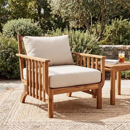 Christopher Knight Home Mid-Century Outdoor Club Chair, Acacia Wood Frame with Cushion, Natural+Beige | Walmart (US)