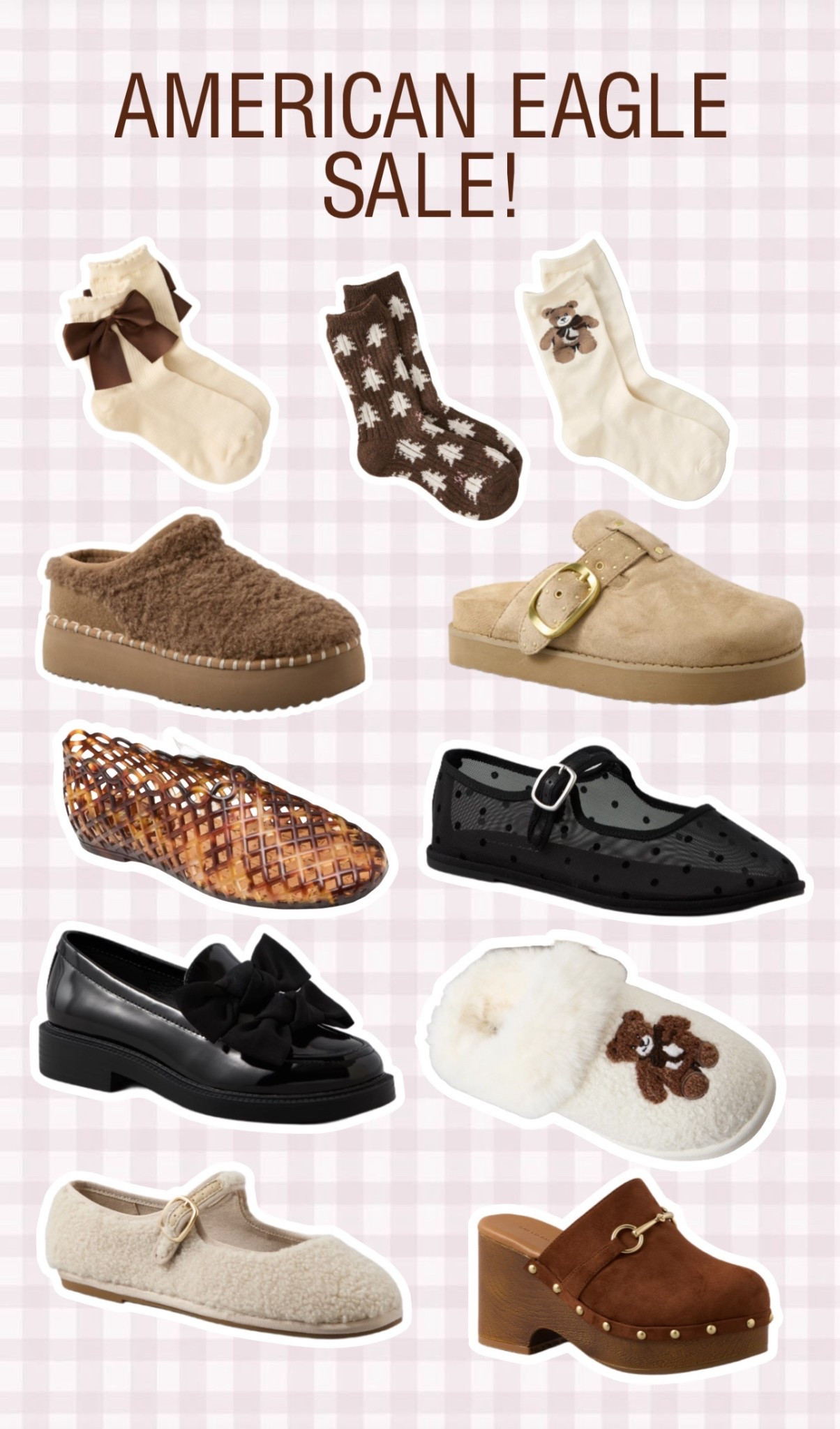 AE SALE! Their socks & shoes game has stepped up! I want it all! 🧸😍

Teddy bear slippers - teddy bear socks - trending - brown and neutrals socks and shoes - comfortable fall and winter shoes - gifts for her - clogs - platform clogs- loafers with bows - polka dots - polka dot shoes - mesh Mary Jane's with polka dots - Sherpa Mary Jane's - Christmas tree socks - ruffle socks - crew socks - socks with bows - stuffed clogs - jelly shoes - shoes on sale - comfortable fashion- elevated casual - affordable - look for less - styling - accessories - shoes - gifts for her - gift guide 

#LTKShoeCrush #LTKSeasonal #LTKGiftGuide