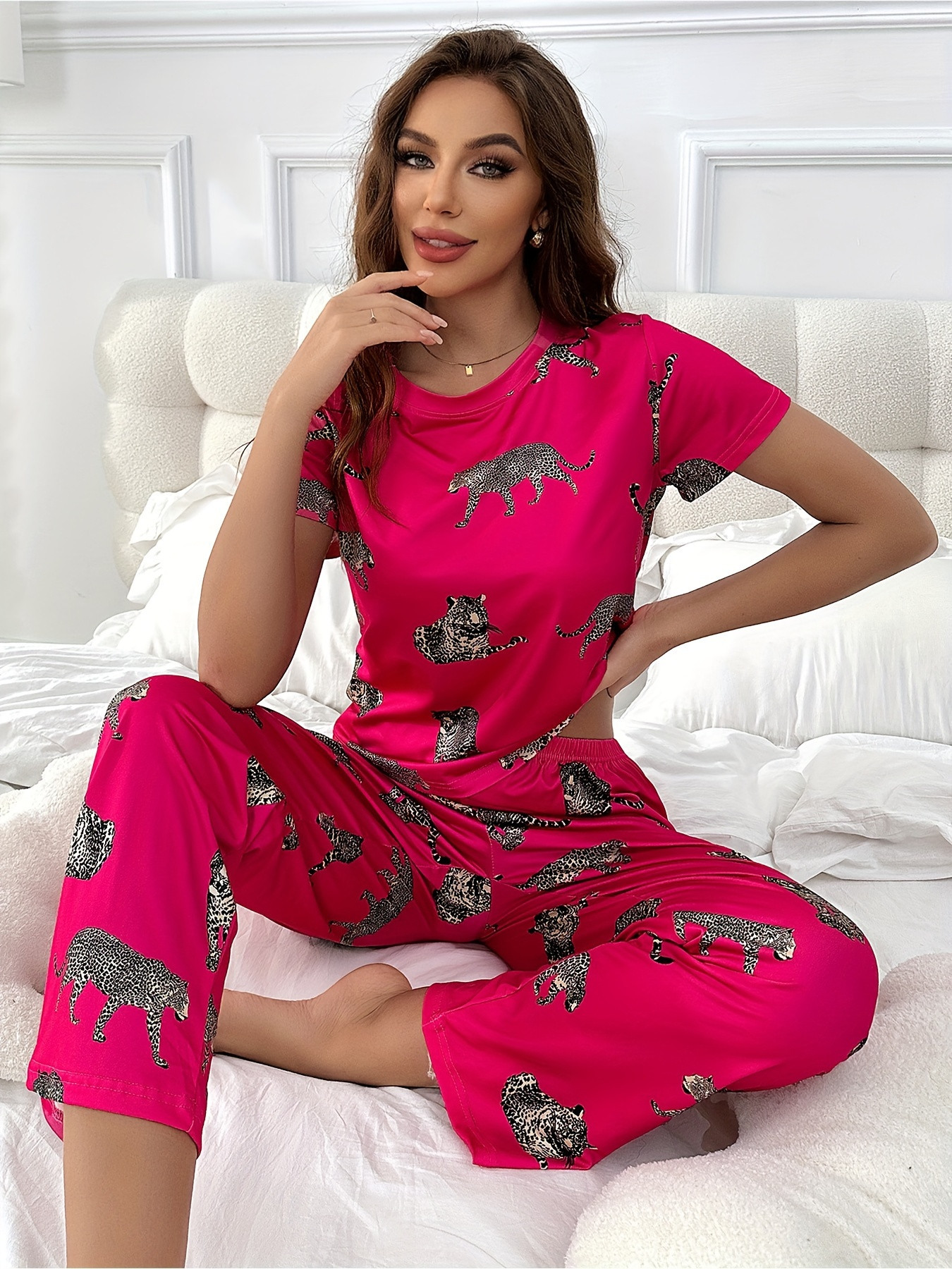 Leopard Print Pajama Set Casual Short Sleeve Round Neck Tee - Temu | Temu Affiliate Program
