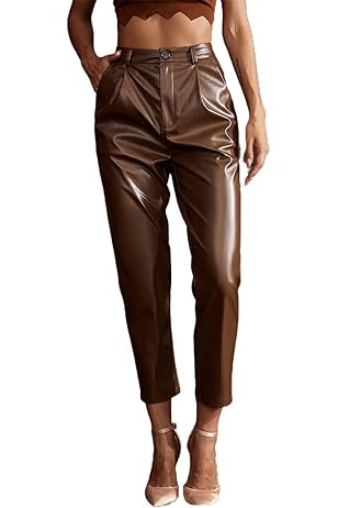 Biivrii Women Faux Leather Leggings Pants High Waist Straight Wide Leg PU Pleather Casual Solid Trou | Amazon (US)