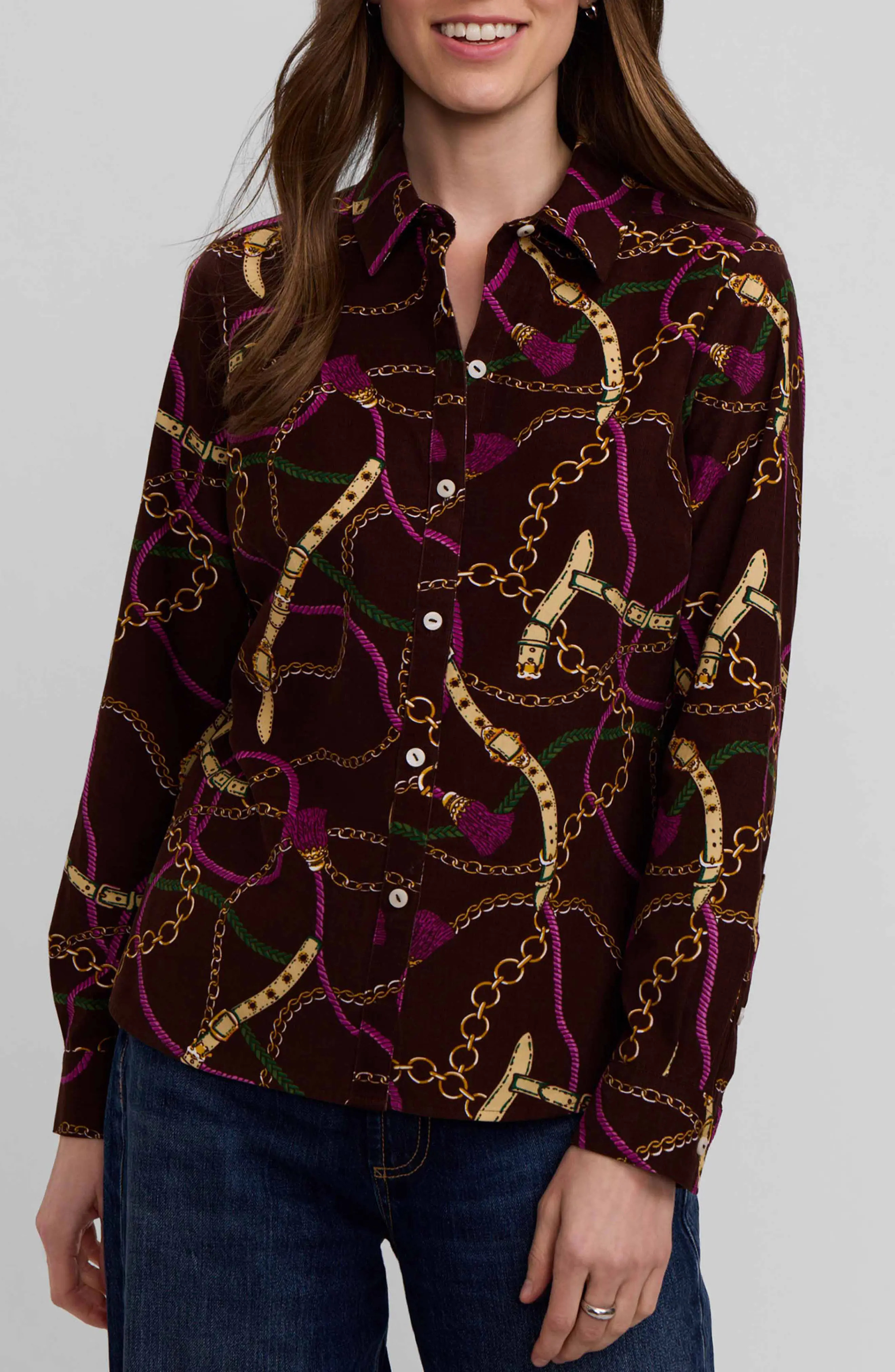 Foxcroft Hampton Chain Print Cotton Corduroy Button-Up Shirt in Brown Multi at Nordstrom, Size Large | Nordstrom