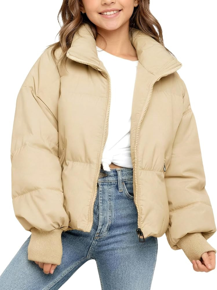 Girls Winter Puffer Jacket Warm Cropped Quilted Jacket Zip Up Puffy Coat 7-16 Years | Amazon (US)
