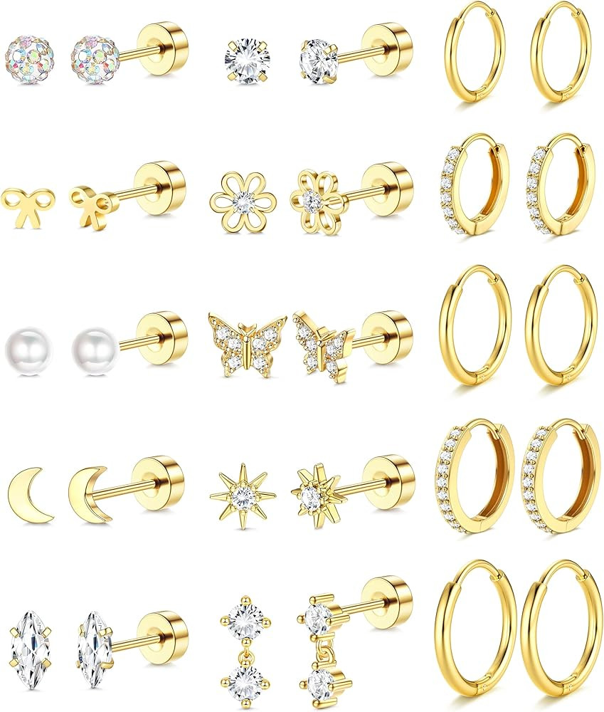 LOLIAS 14K Gold Plated Flat Back Earrings - Hypoallergenic Surgical Stainless Steel Stud Hoop Ear... | Amazon (US)