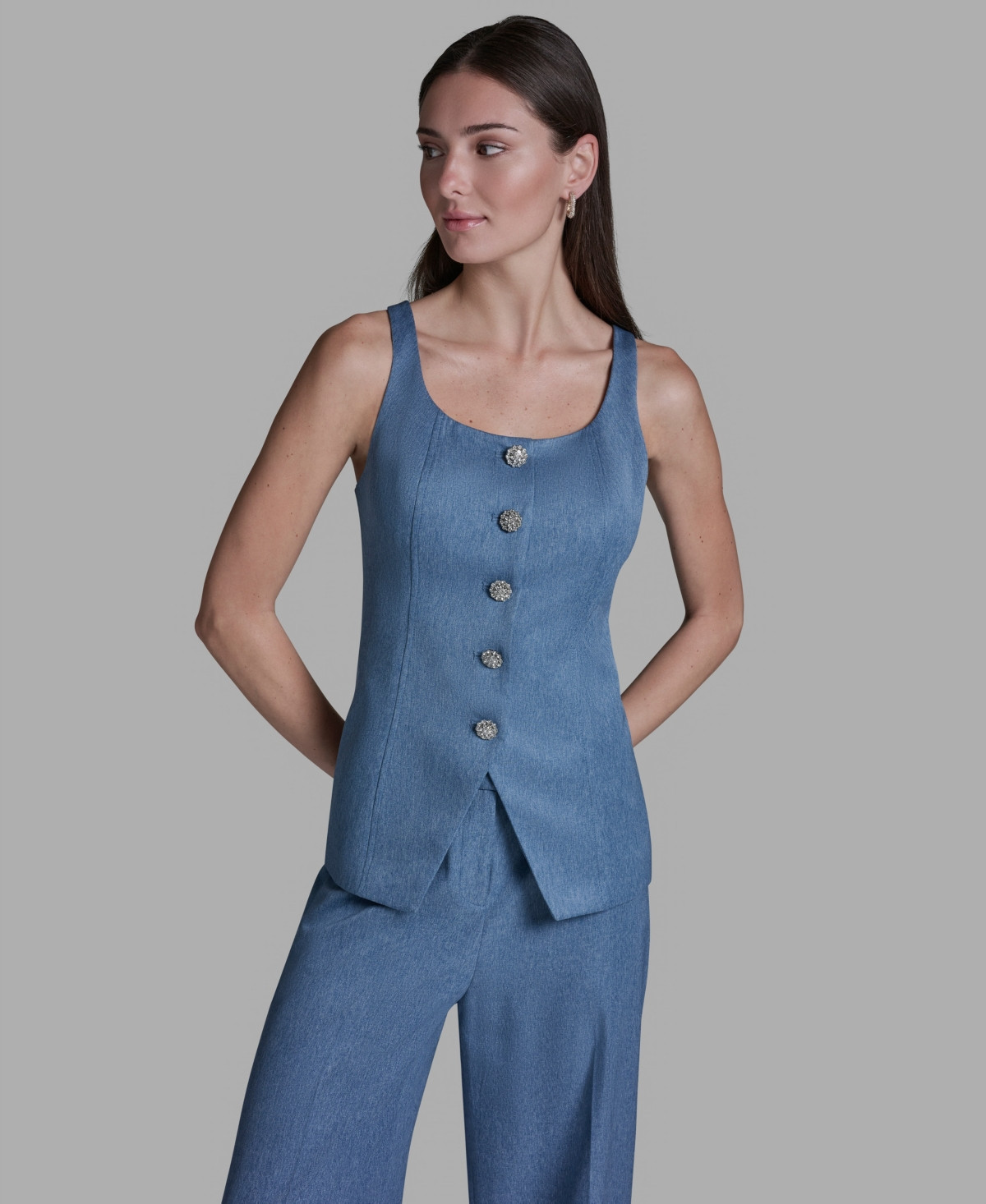 Bcbg Women's Scoop Neck Front Button Denim Vest - Light Indigo | Macy's