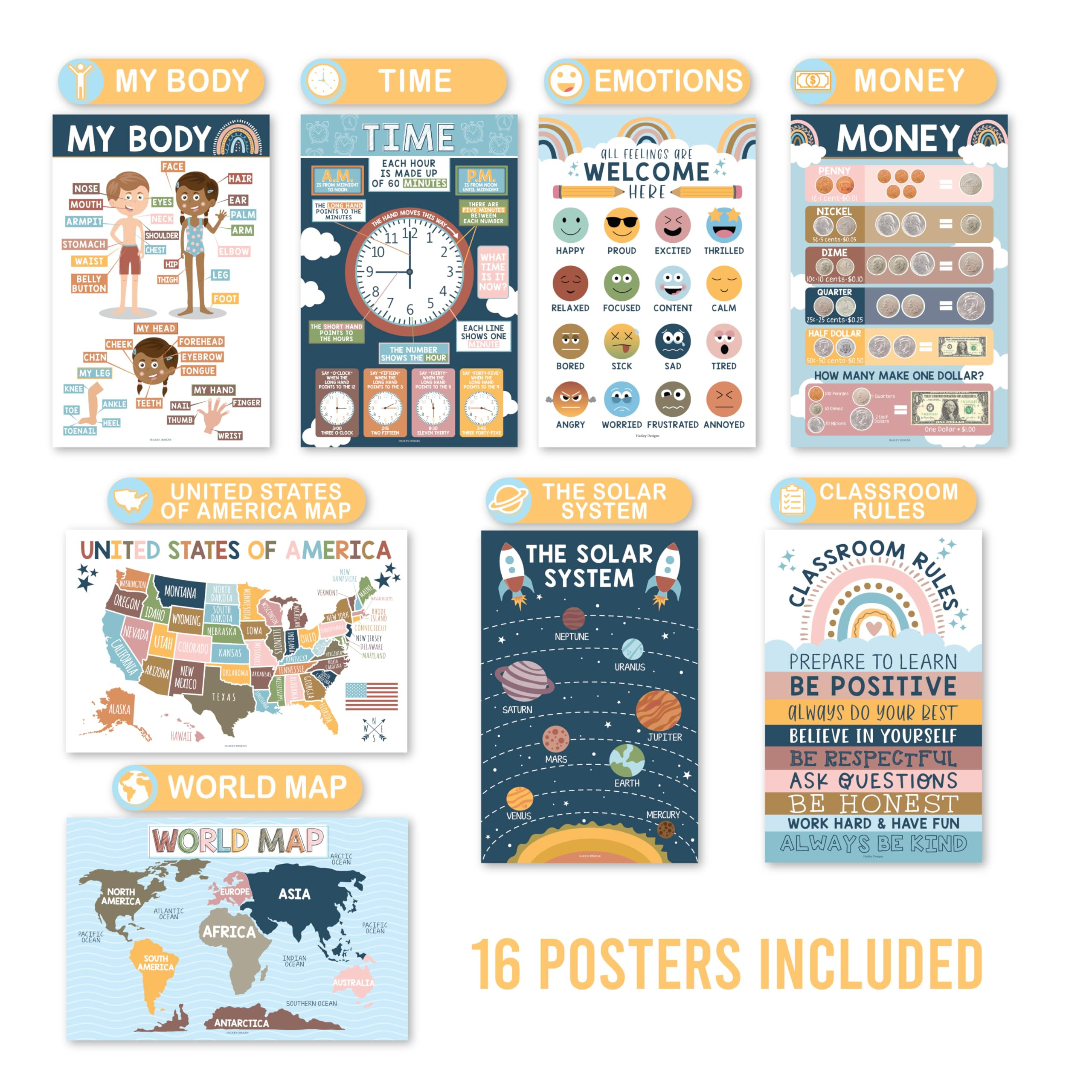Hadley Designs 16 Educational Posters for Toddlers 1-3, Laminated Toddler Learning Posters for Pr... | Amazon (US)