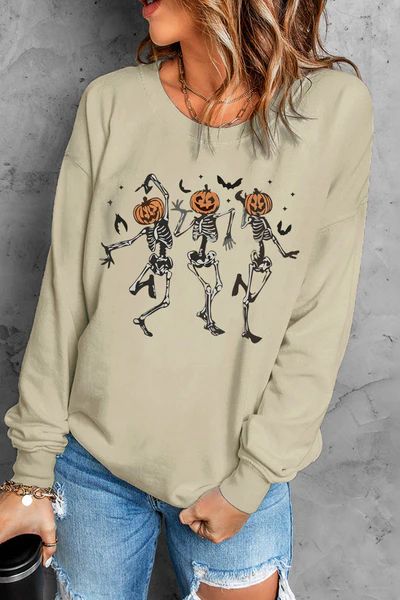 Pumpkin Skull Graphic Plain Crew Neck Sweatshirt | Evaless