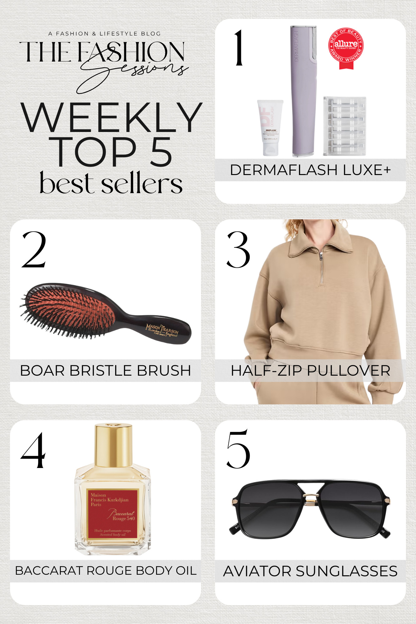A fresh roundup of this week’s most‑loved finds, the items you couldn’t stop adding to cart!
1. Dermaflash Luxe+ Sonic Dermaplaning + Peach Fuzz Removal.
2. Mason Pearson Pocket Boar Bristle Brush. 
3. Old Navy Bounce Fleece Half-Zip Pullover Sweatshirt.
4. Baccarat Rouge 540 Body Oil.
5. Sojo Retro Aviator Sunglasses. 

 #LTKSeasonal #LTKOver40 #LTKBeauty