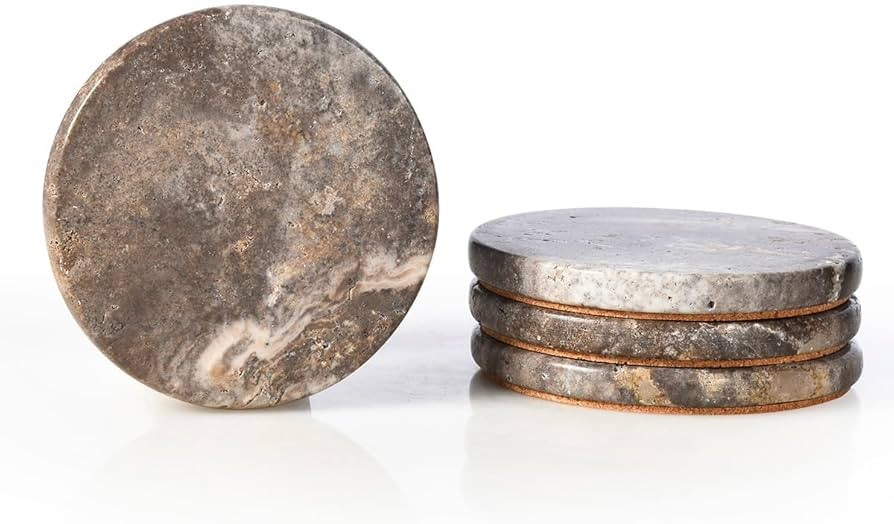 Natural Marble Coasters Set of 4, Round Travertine Coasters 4 Inch, Modern Gray Stone Coaster, Vi... | Amazon (US)