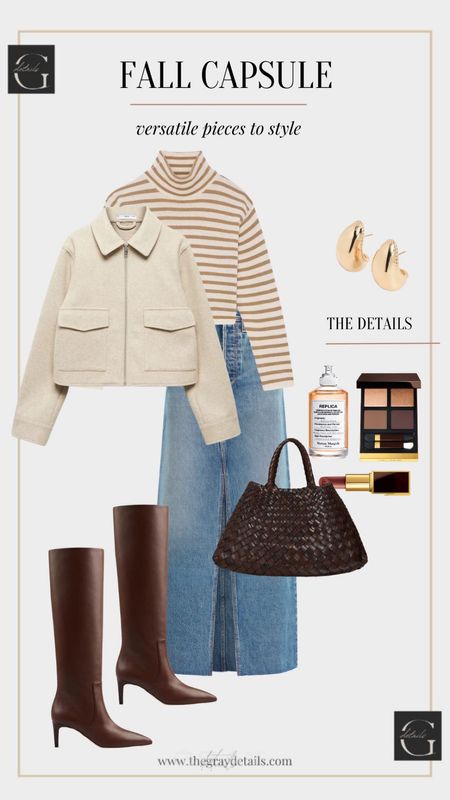 Fall capsule outfit , fall outfit, mango jacket, striped sweater, tall boot, brown fall bag 

#LTKshoecrush #LTKover40 #LTKitbag