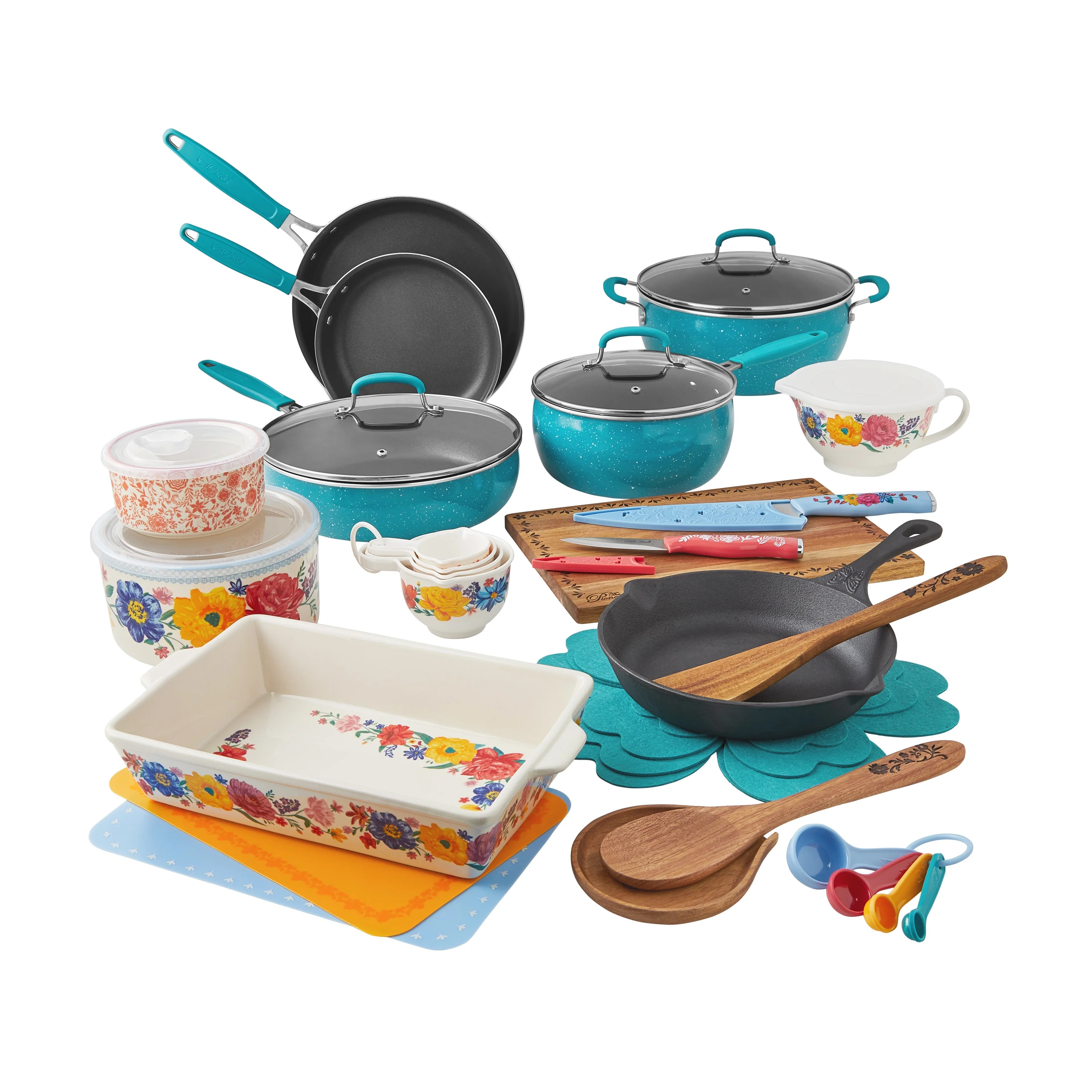 The Pioneer Woman Brilliant Blooms 38-Piece Cookware Set, Teal - Walmart.com | Walmart (US)