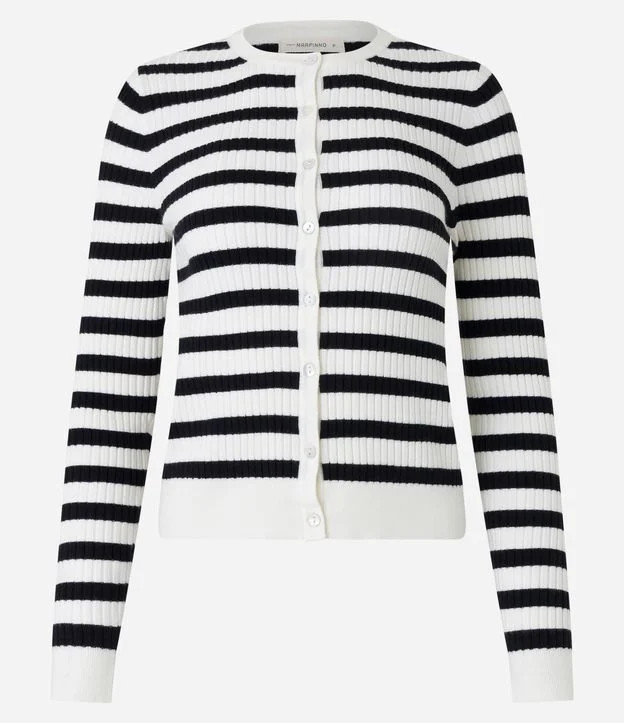 Cardigan em Tricô com Abotoamento e Estampa Listrada Branco/ Preto | Renner (BR)
