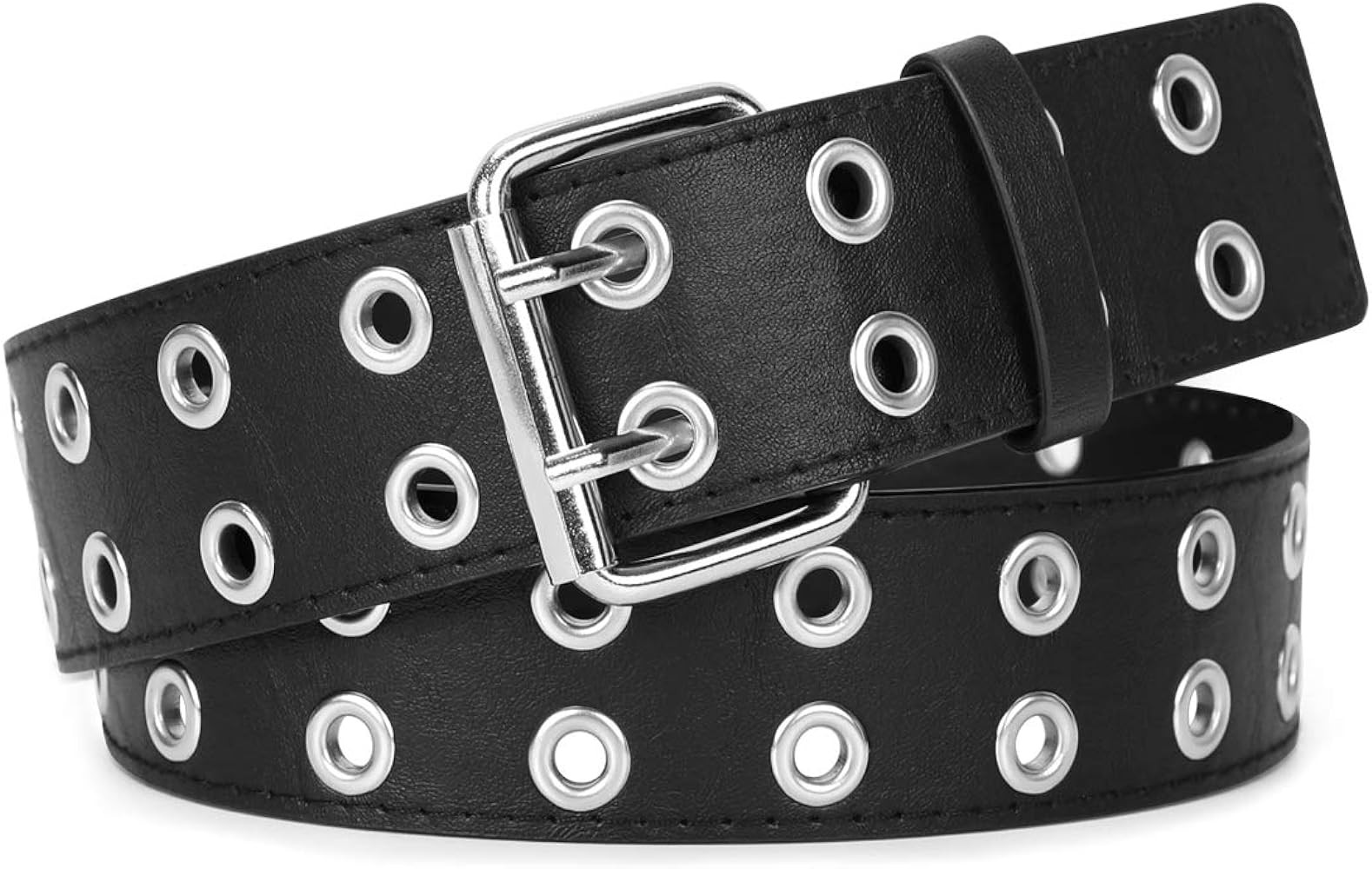 WERFORU Double Grommet Belt PU Leather Punk Belt for Women Men Jeans 2 Hole Belts 1.5 Wide | Amazon (US)