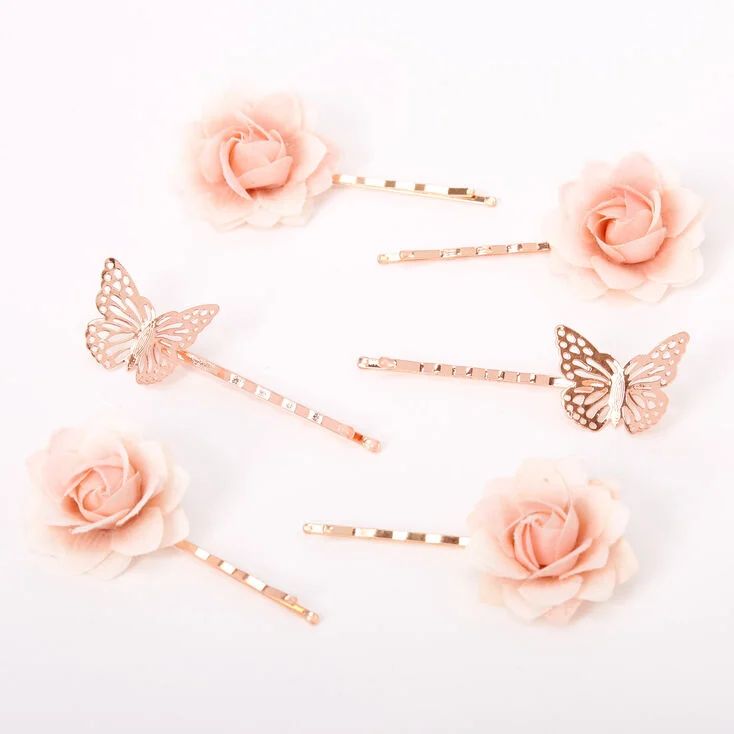 Rose Gold Butterfly Flower Hair Pins - Pink, 6 Pack | Claire's (US)