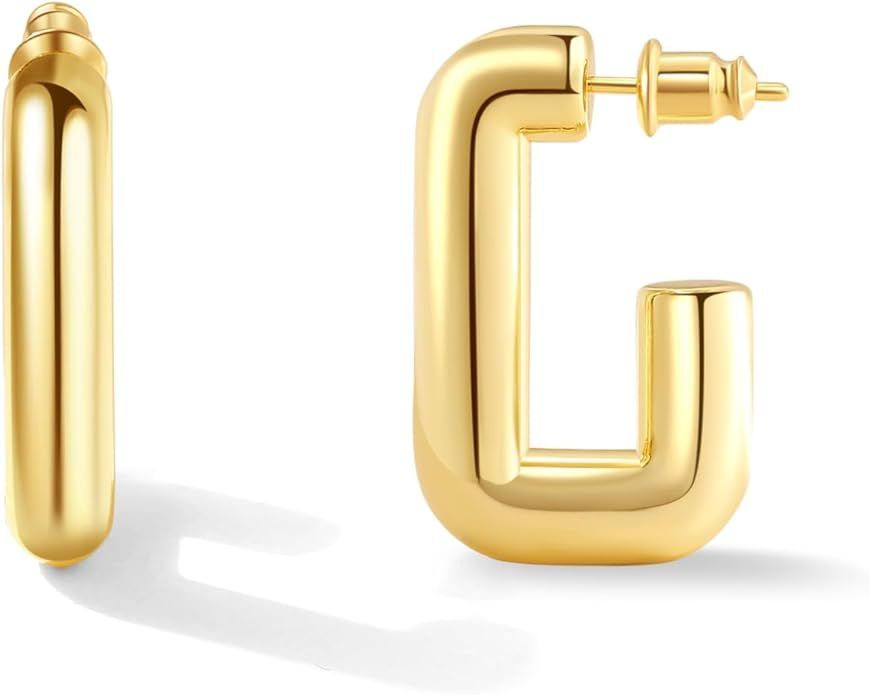 Gold Hoop Earrings for Women 14K Gold Plated Chunky Earrings Hypoallergenic Lightweight Open Hoop... | Amazon (US)