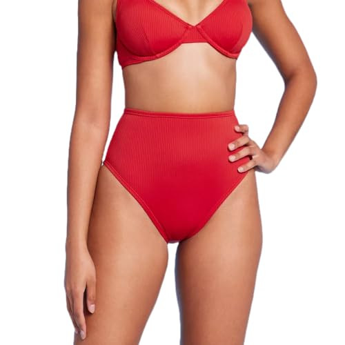 Shade & Shore Women's High Waist High Leg Ribbed Medium Coverage Bikini Bottom - (US, Alpha, X-Small, Regular, Regular, Red) | Amazon (US)