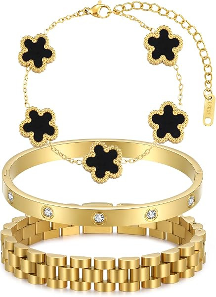 Stackable Four Leaf Clover Bracelets for Women, 18K Gold Plated Love Bangle Bracelets Set, 3 Pcs ... | Amazon (US)