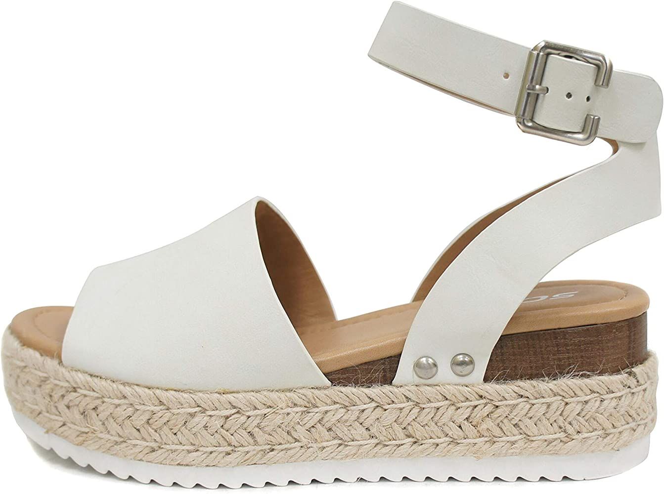 Soda Topic Open Toe Buckle Ankle Strap Espadrilles Flatform Wedge Casual Sandal | Amazon (US)