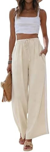 Womens Linen Palazzo Pants Summer Wide Leg High Waist Side Striped Casual Flowy Beach Trousers wi... | Amazon (US)