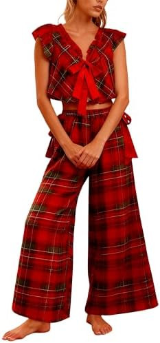 Bocymolay Women Christmas Red Plaid Pajamas Set Gingham Short Sleeve Babydoll Shirt Ruffle Pants ... | Amazon (US)